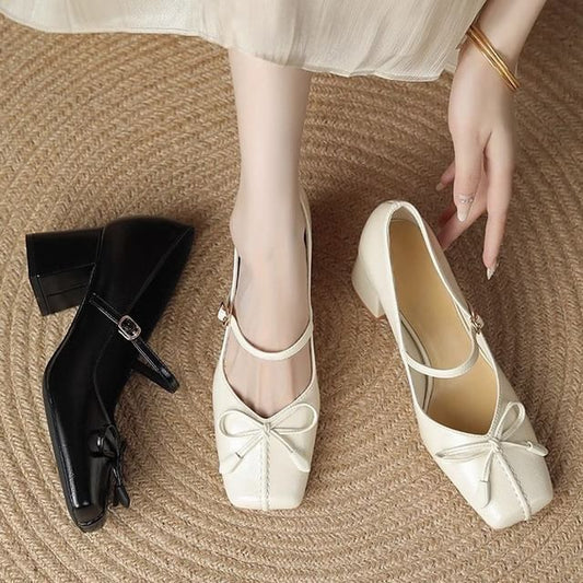 Block Toe Heel Jane Bow Mary Pumps Square