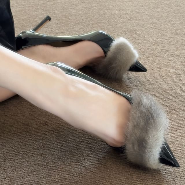 Panel Faux Patent Pointed Pumps Toe Leather Fur Stiletto