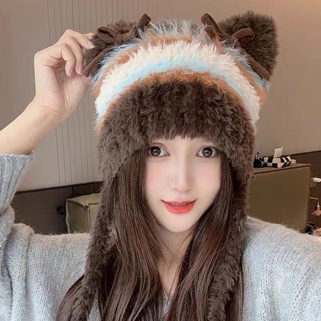 Cat Fluffy Ear Bow Knit Beanie