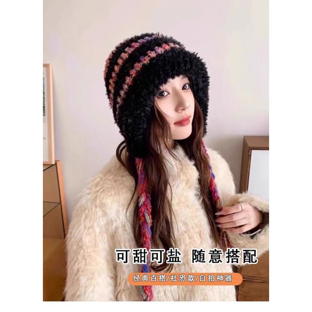 Trapper Fluffy Knit Hat Striped
