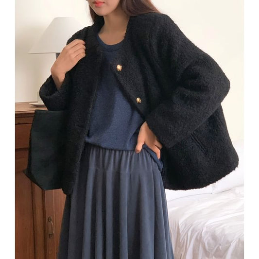 Plain Button-Up Tweed Jacket