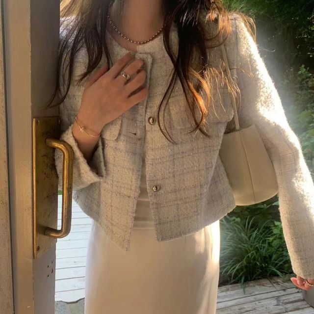 Round Neck Plaid Tweed Button Jacket