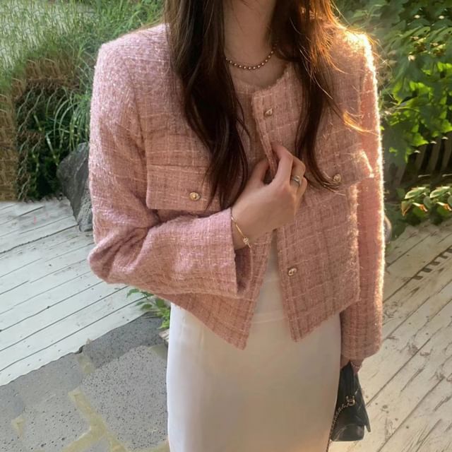 Round Neck Plaid Tweed Button Jacket