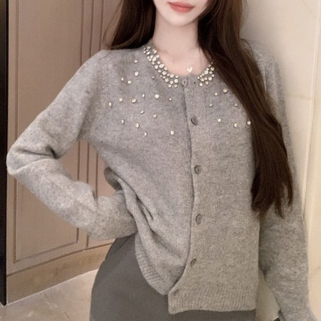 Rhinestone Embellished Button Up Cardigan