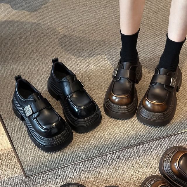 Faux Strap Platform Adhesive Metal Accent Shoes Leather