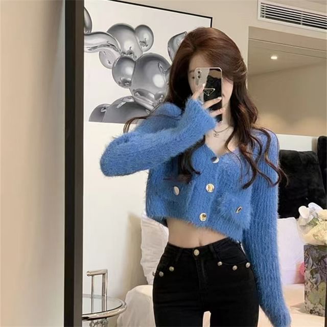Fluffy V-Neck Button Up Cropped Cardigan