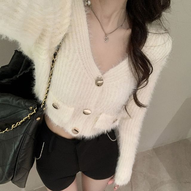 Fluffy V-Neck Button Up Cropped Cardigan