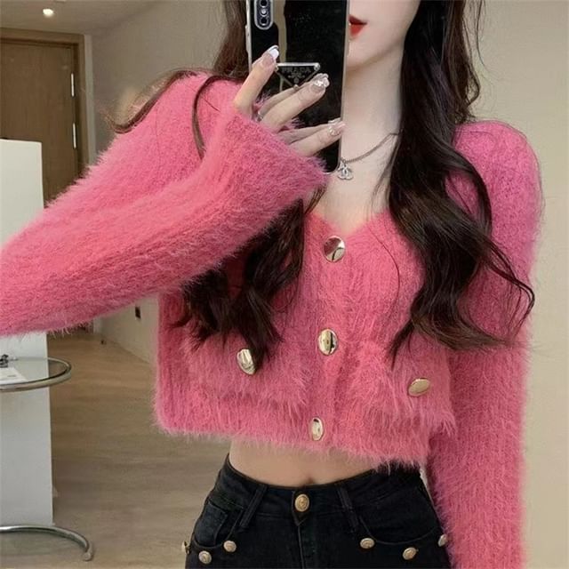 Fluffy V-Neck Button Up Cropped Cardigan
