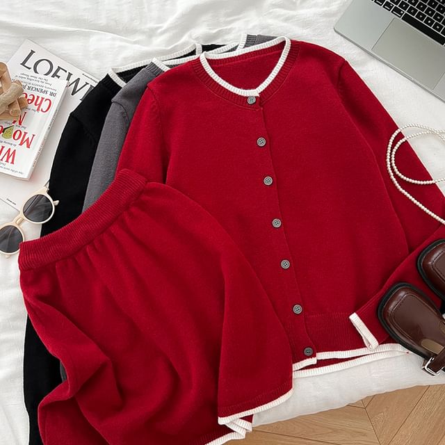 Contrast Trim Button Cardigan Set with High-Waisted Mini A-Line Skirt