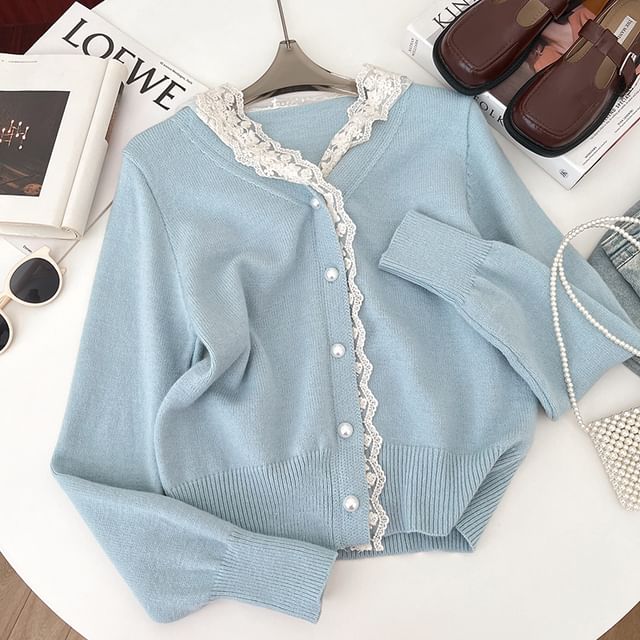 Cropped V-Neck Lace Trim Cardigan