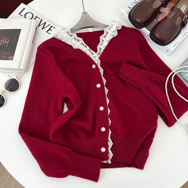 Cropped V-Neck Lace Trim Cardigan