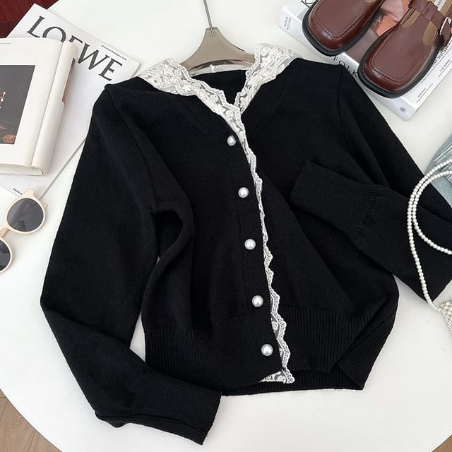 Cropped V-Neck Lace Trim Cardigan