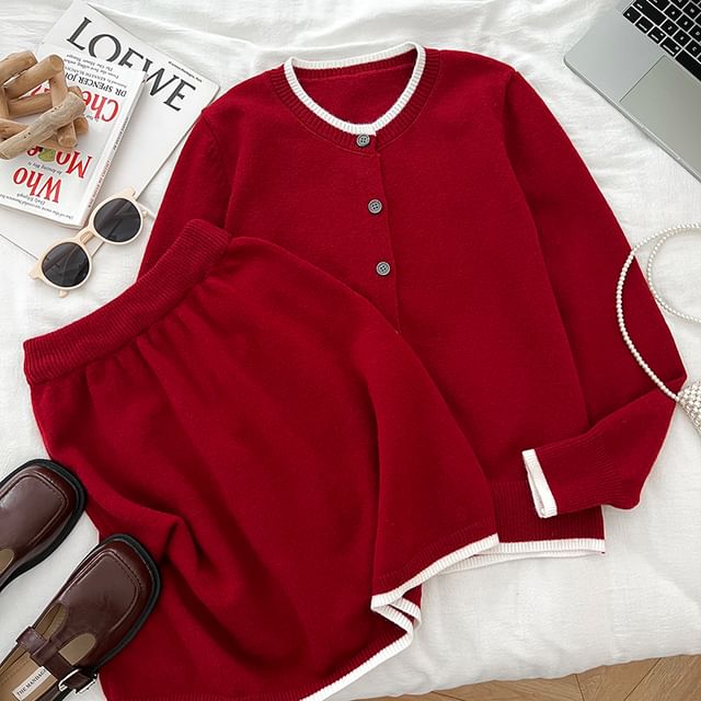 Contrast Trim Button Cardigan Set with High-Waisted Mini A-Line Skirt