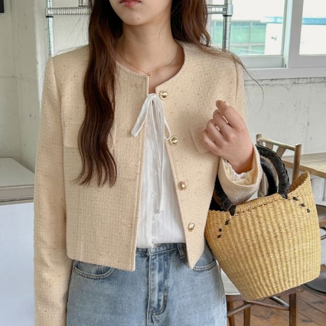 Crew Neck Button-Up Plain Tweed Crop Jacket