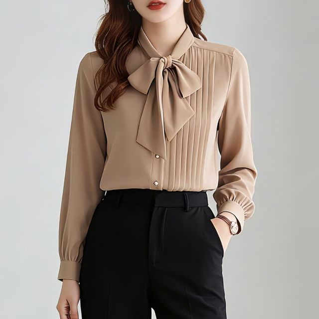 Tie-Neck Pintuck Long-Sleeve Basic Blouse