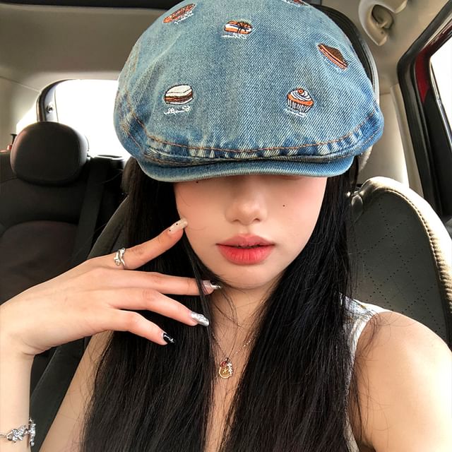 Food Cap Embroidered Denim Flat
