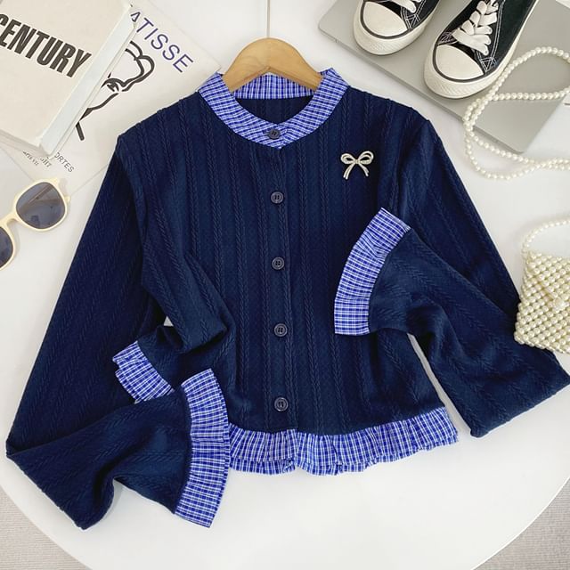 Long Sleeve Mock Two-Piece Plaid Trim Cardigan