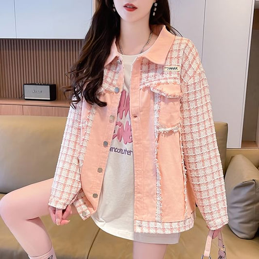 Collared Plaid Denim Panel Button-Up Tweed Jacket