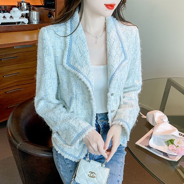 Lapel Collar Contrast Trim Button-Up Tweed Jacket