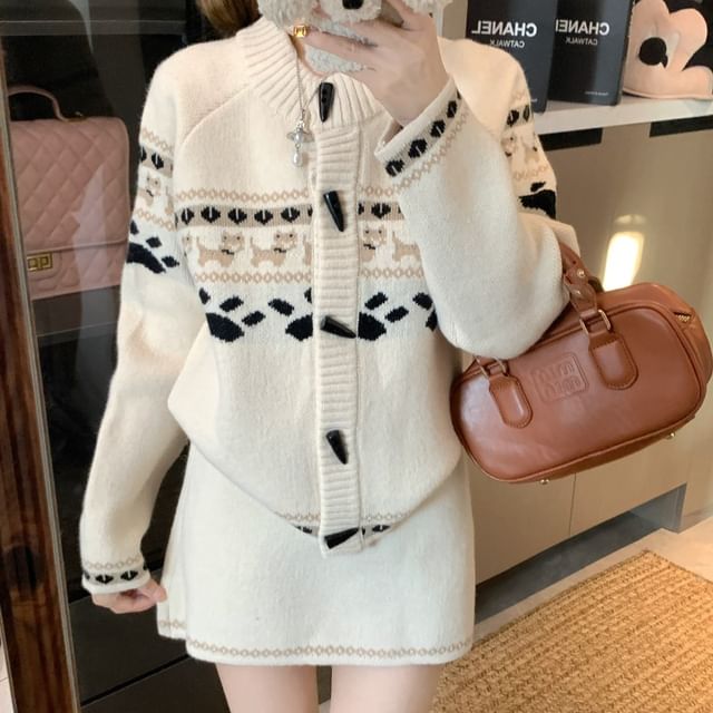 Crewneck Jacquard Cardigan and Mini Skirt Set