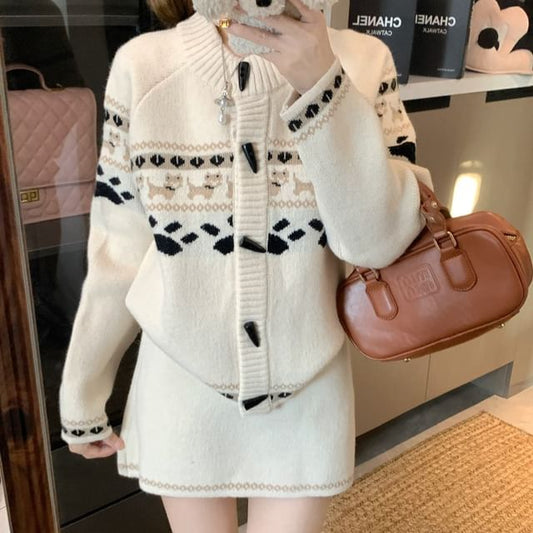 Crewneck Jacquard Cardigan and Mini Skirt Set