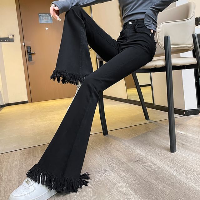 Waist Designs) Flared (Various Hem High Pants Fringed