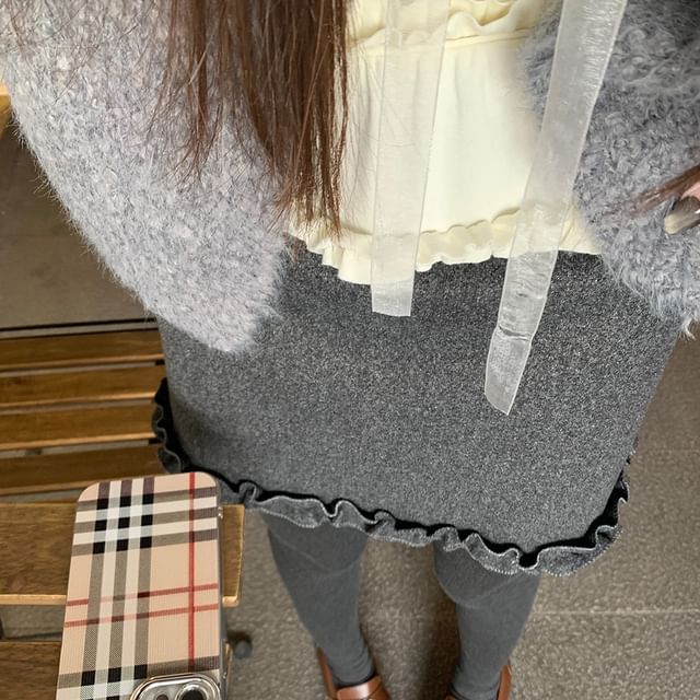 Ruffle Tee, Pencil Skirt, and Lace Up Cardigan Set