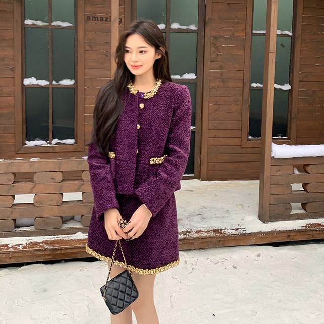 Round Neck Tweed Buttoned Jacket / High Waist Mini A-Line Skirt