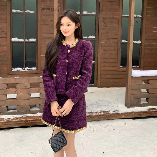 Round Neck Tweed Buttoned Jacket / High Waist Mini A-Line Skirt
