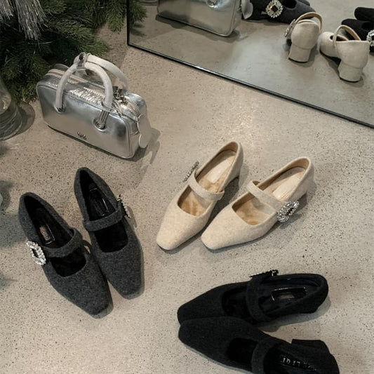 Square Heel Pumps Rhinestone Buckled Mary Toe Jane Block