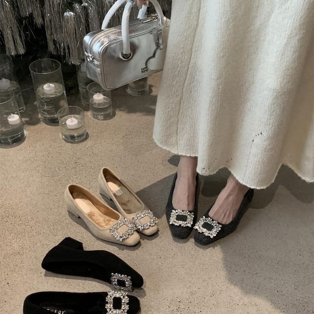 Buckle Block Square Toe Pumps Rhinestone Heel