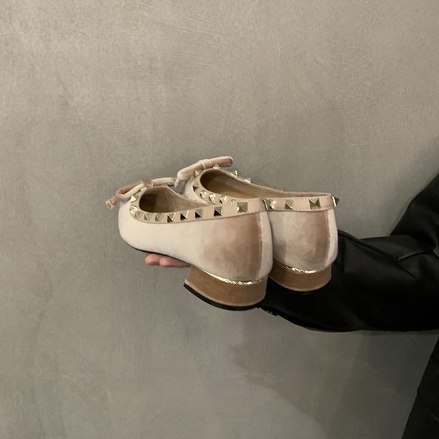 Velvet Pointed Studded Toe Pumps Bow