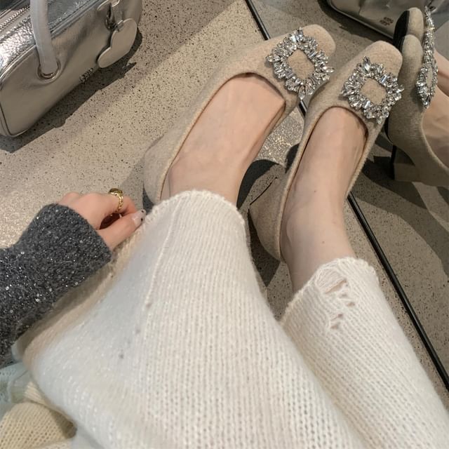 Buckle Block Square Toe Pumps Rhinestone Heel