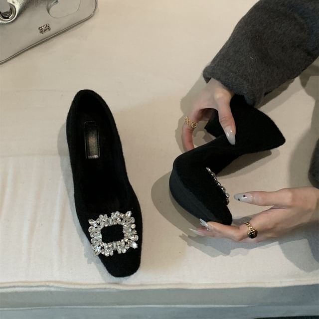 Buckle Block Square Toe Pumps Rhinestone Heel
