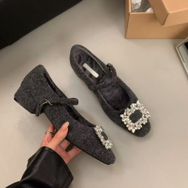 Square Block Mary Pumps Toe Jane Rhinestone Buckled Heel