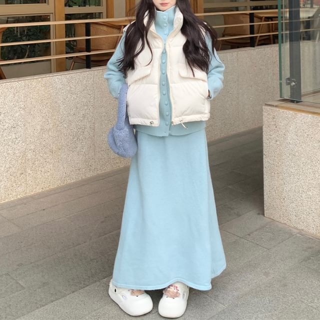 Stand Collar Cardigan & High-Rise Knit Skirt & Puffer Vest Set