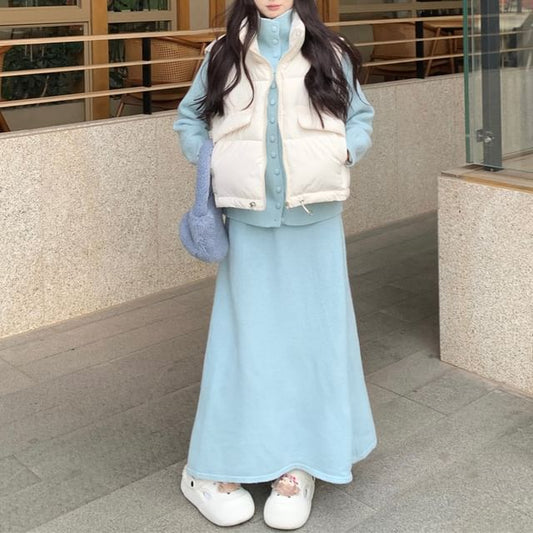 Stand Collar Cardigan & High-Rise Knit Skirt & Puffer Vest Set