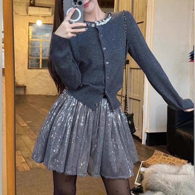 Sequin Round Neck Cardigan & High-Waist Mini A-Line Skirt Set