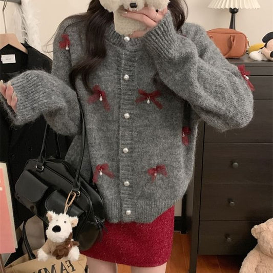 Round Neck Bow Faux Pearl Button Cardigan / High Rise Tweed Mini A-Line Skirt