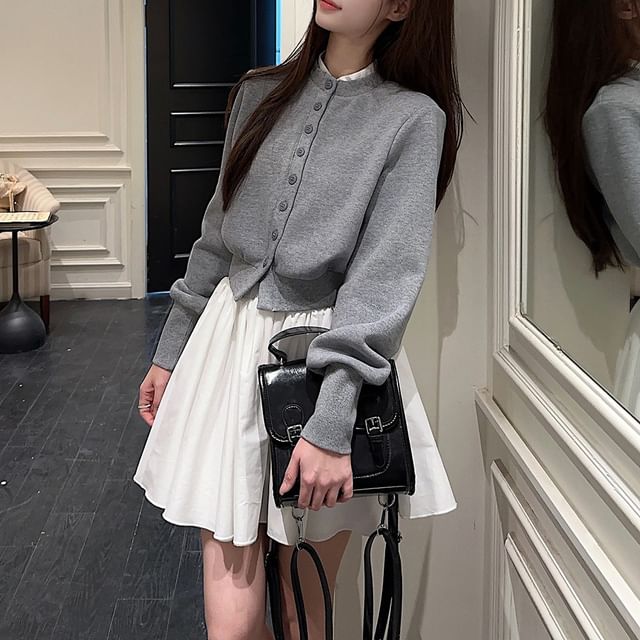 Mock Neck Cardigan & High-Waist Mini A-Line Skirt Set