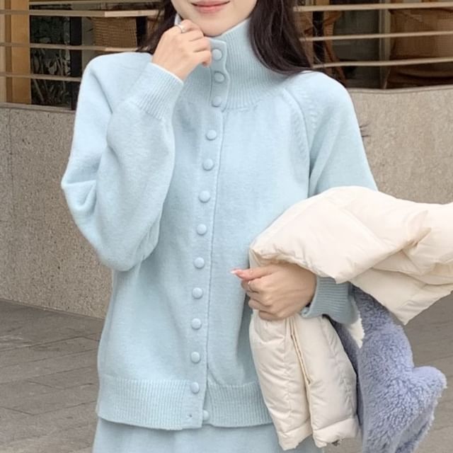 Stand Collar Cardigan & High-Rise Knit Skirt & Puffer Vest Set
