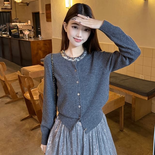 Sequin Round Neck Cardigan & High-Waist Mini A-Line Skirt Set