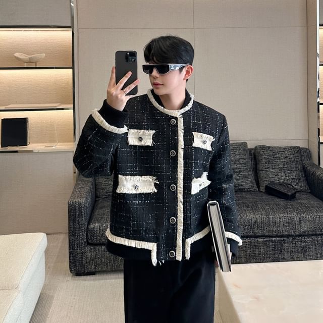 Crew Neck Contrast Trim Fringed Button-Up Tweed Jacket