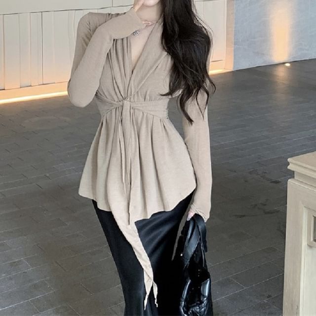 Waist Plain Shawl Tie Collar Cardigan