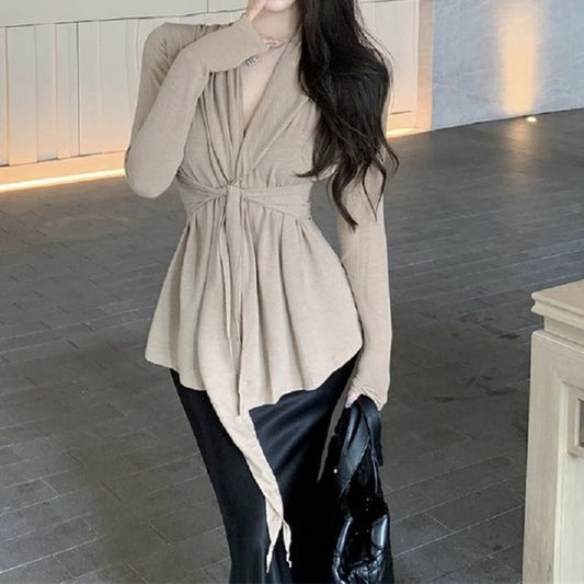 Waist Plain Shawl Tie Collar Cardigan