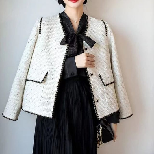 V-Neck Sequin Contrast Trim Button-Up Tweed Jacket