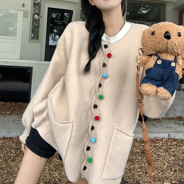 Pom Pom Trim Crew Neck Cardigan