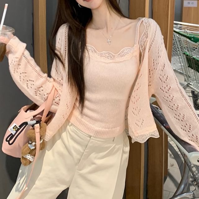 Lace Camisole & V-Neck Pointelle Knit Cardigan Set