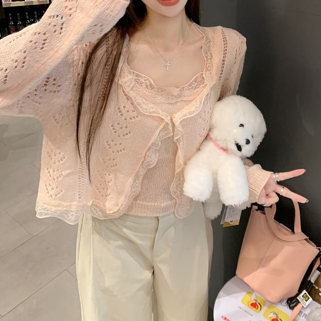 Lace Camisole & V-Neck Pointelle Knit Cardigan Set