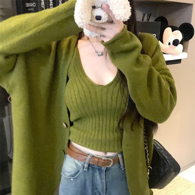 Set: Scoop Neck Ribbed Tank Top & Cardigan
